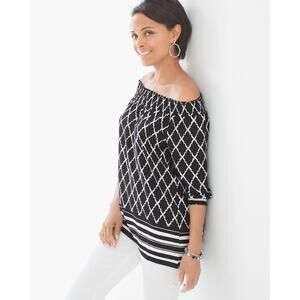 CHICO'S Blouse Womens S Black White Geometric Lattice Elastic Neck Off Shoulder